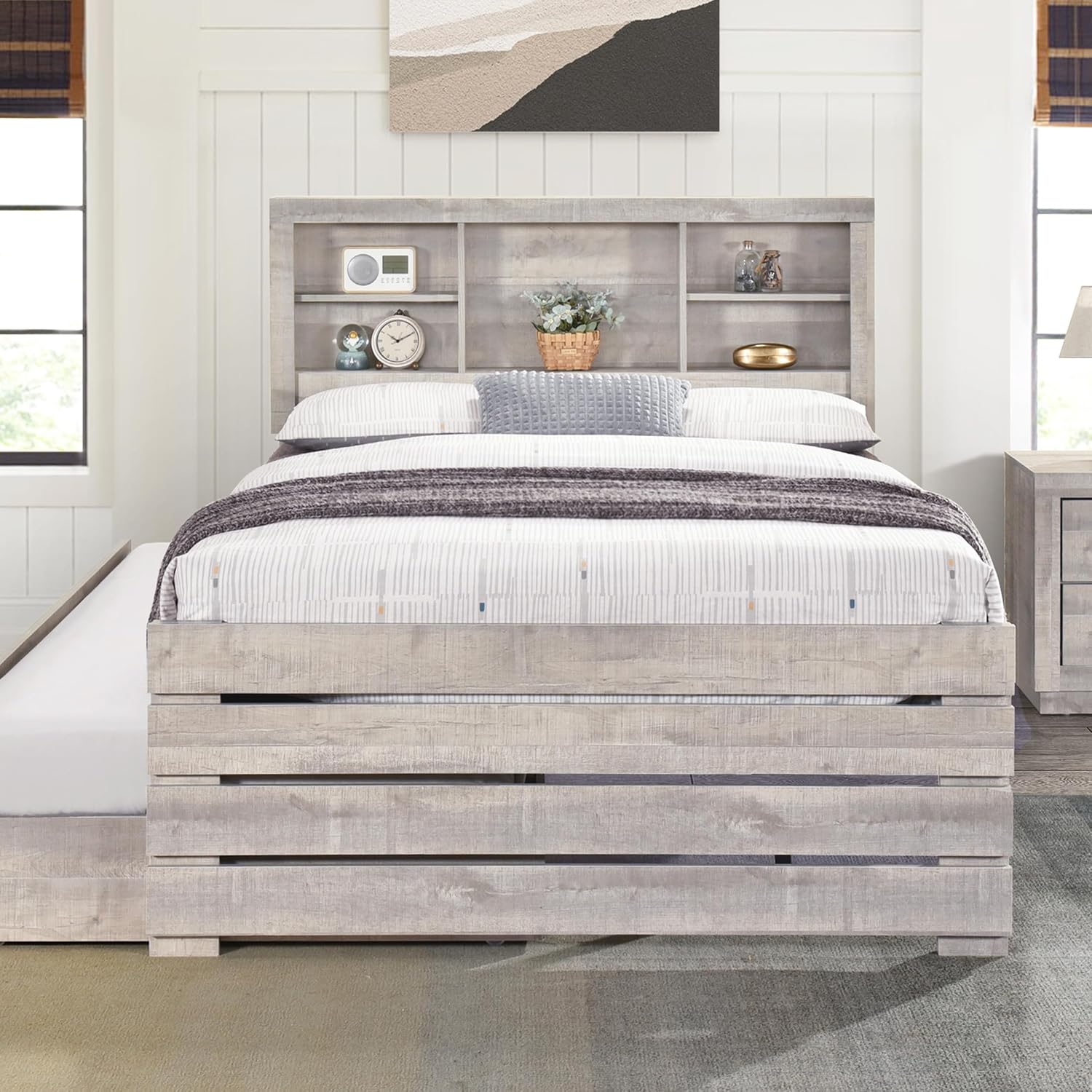 GOWE 2 Pieces Bedroom Sets Farmhouse Style Twin Size Bookcase Captain Bed and Nightstand, Rustic White