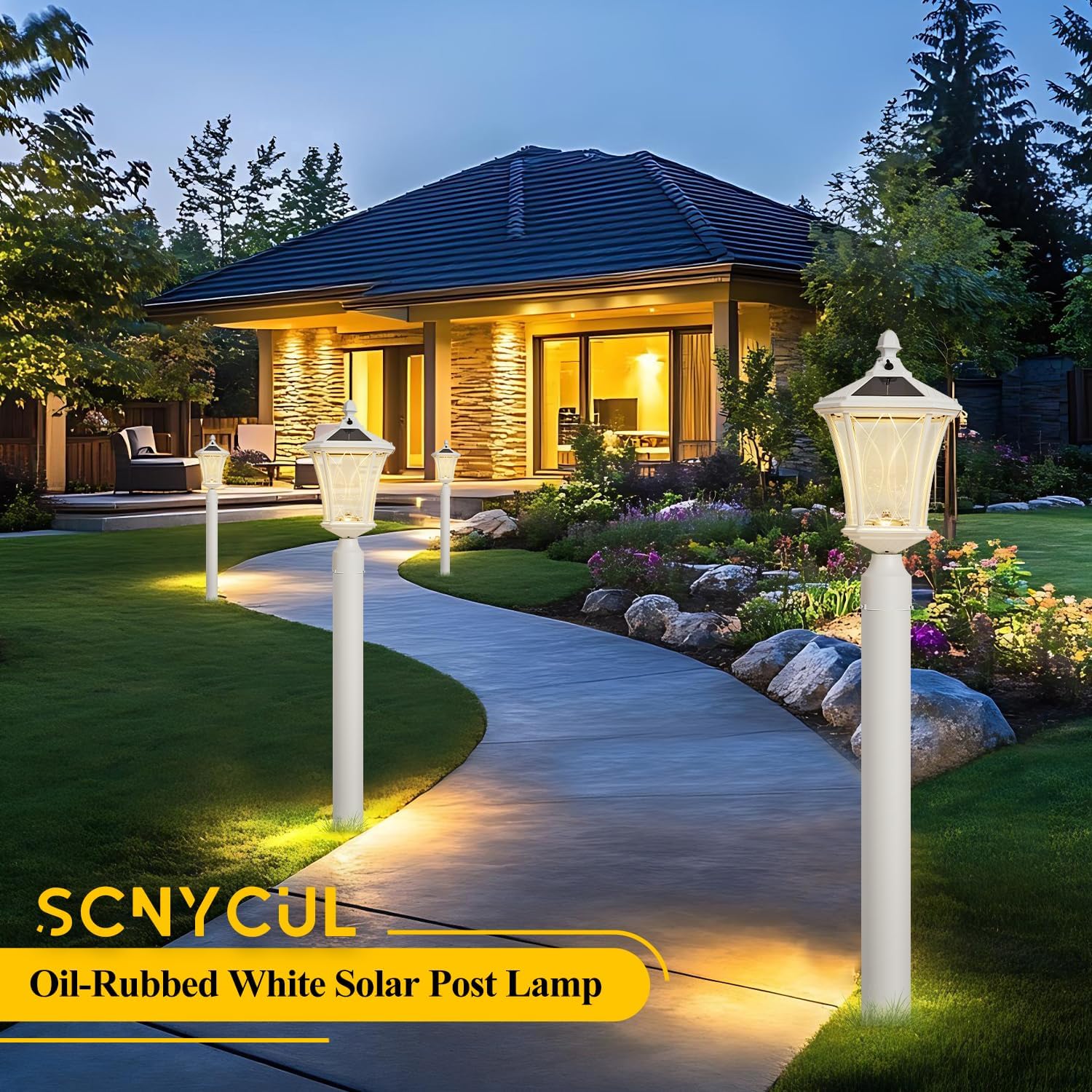Outdoor Solar Post Lights with Pier Mount Base, White Dusk to Dawn Pillar Lamps with Patterned Glass, Waterproof Exterior Pole Lanterns with for Patio, Garden, Porch