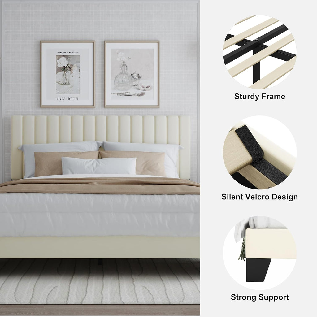Queen Bed Frame, Velvet Upholstered Platform Bed Frame with Adjustable Headboard, Vertical Quilted Design, Sturdy Slatted Mattress Base, Easy to Assemble, White