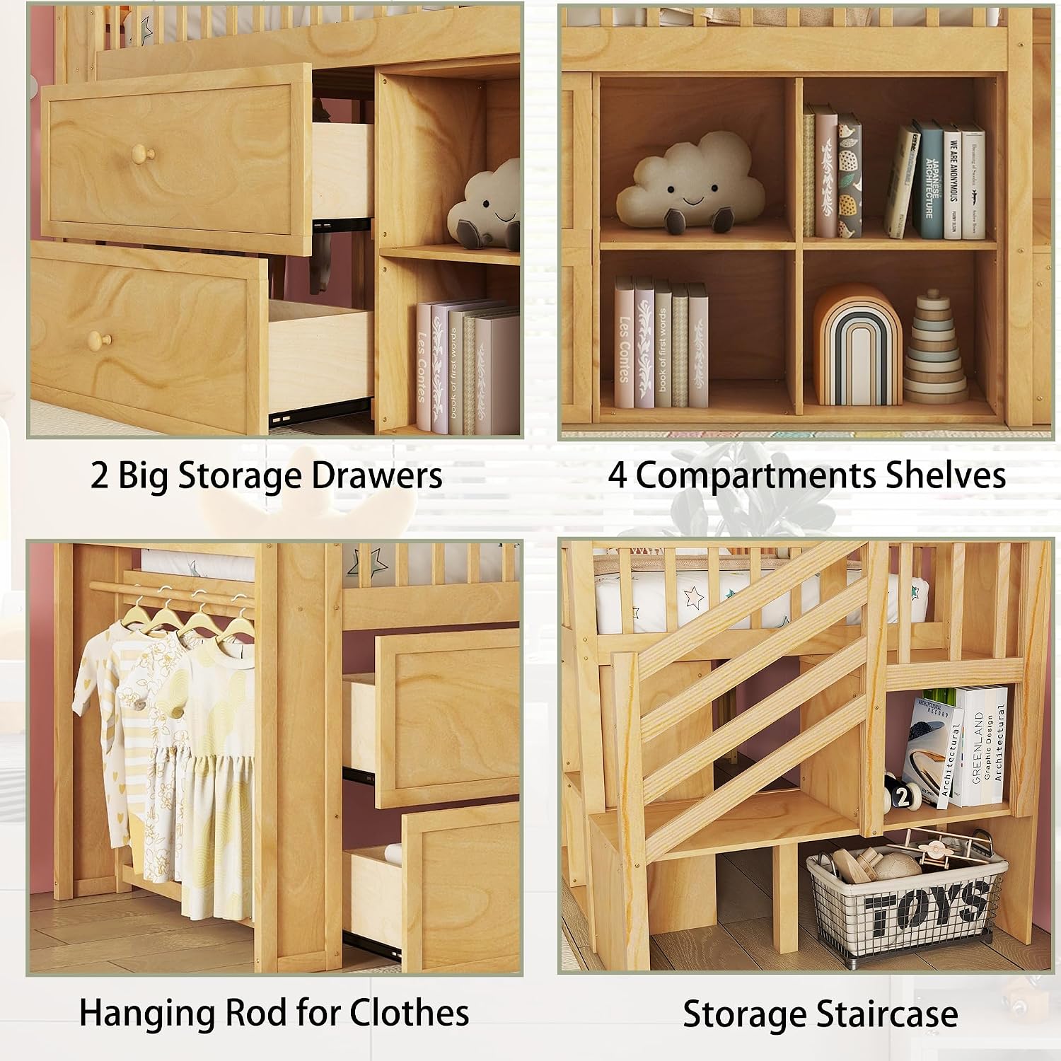 Low Loft Bed with LED Lights and Bookshelf, Wooden Kids Loft Bed with Stairs and Safety Guardrail, Low Loft Bed Twin with 2 Storage Drawers and Shelves for Girls Boys ,No Box Spring Needed, Natural