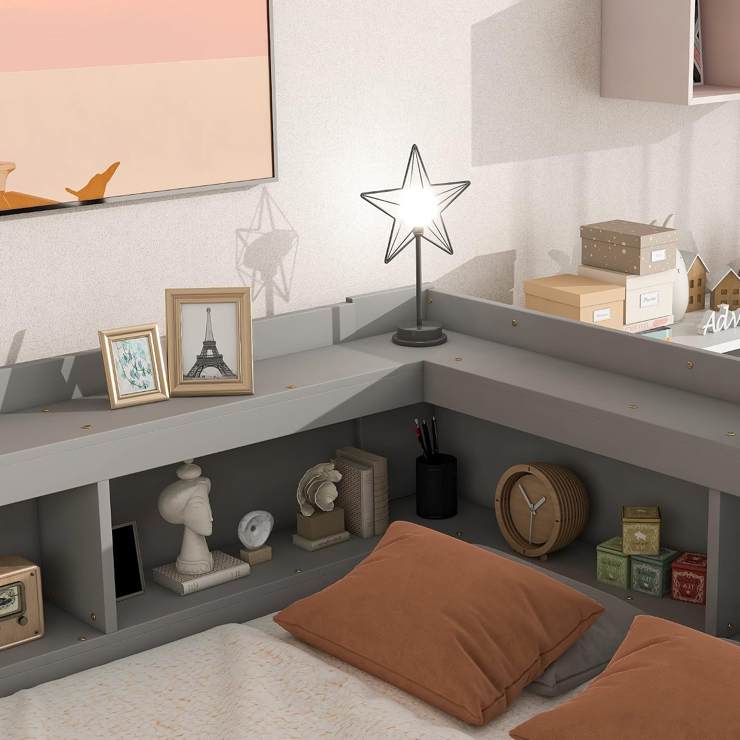 Full Size Platform Bed with L-Shaped Storage Shelfs and Bookcases, Pine Wood Day Bed with 2 Storage Drawers for Office/Living Room/Bedroom, Maximize Space (Gray)