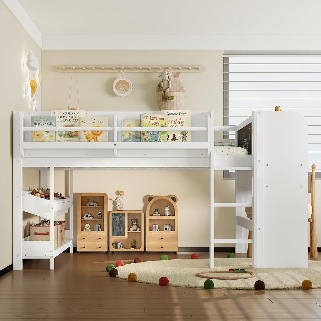 MERITLINE Full Loft Bed with Desk & Blackboard, Twin Multi-Functional Bed with Storage, All-in-One Study & Play Design, White