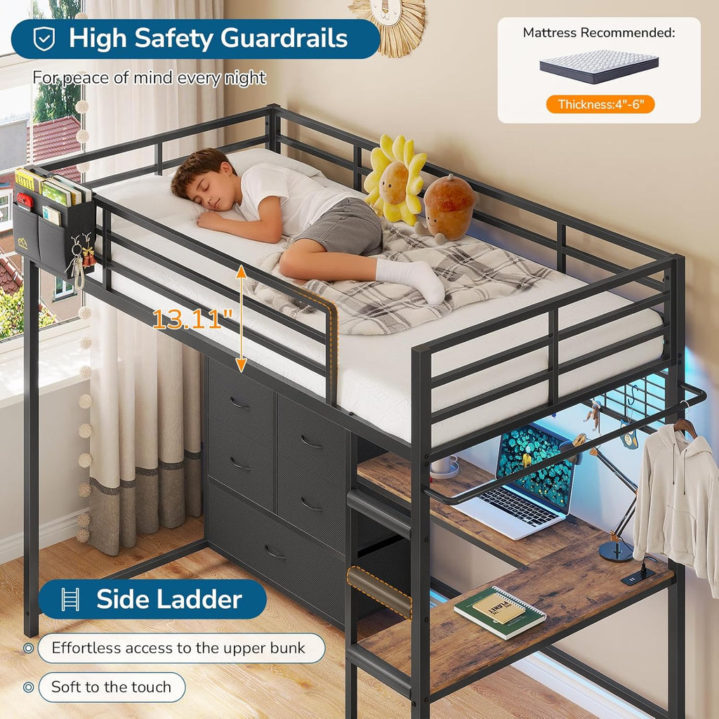 Twin Loft Bed with L-Shaped Desk, 7 Storage Drawers, Metal Loft Bed Twin Size with LED Lights and Charging Station, Storage Shelf and Pegboard, Safety Guardrail and Ladder, No Box Spring Needed, Black
