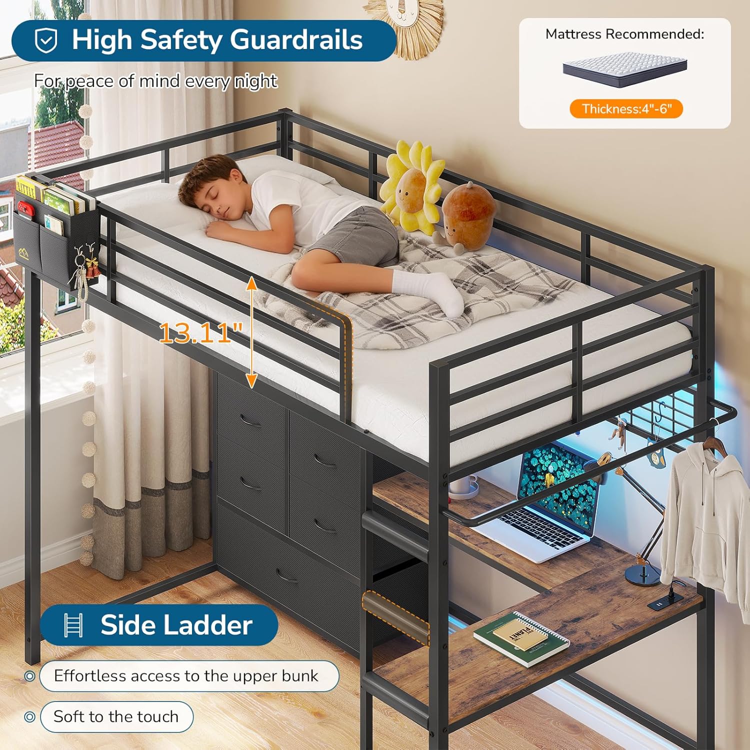 Twin Loft Bed with L-Shaped Desk, 7 Storage Drawers, Metal Loft Bed Twin Size with LED Lights and Charging Station, Storage Shelf and Pegboard, Safety Guardrail and Ladder, No Box Spring Needed, Black