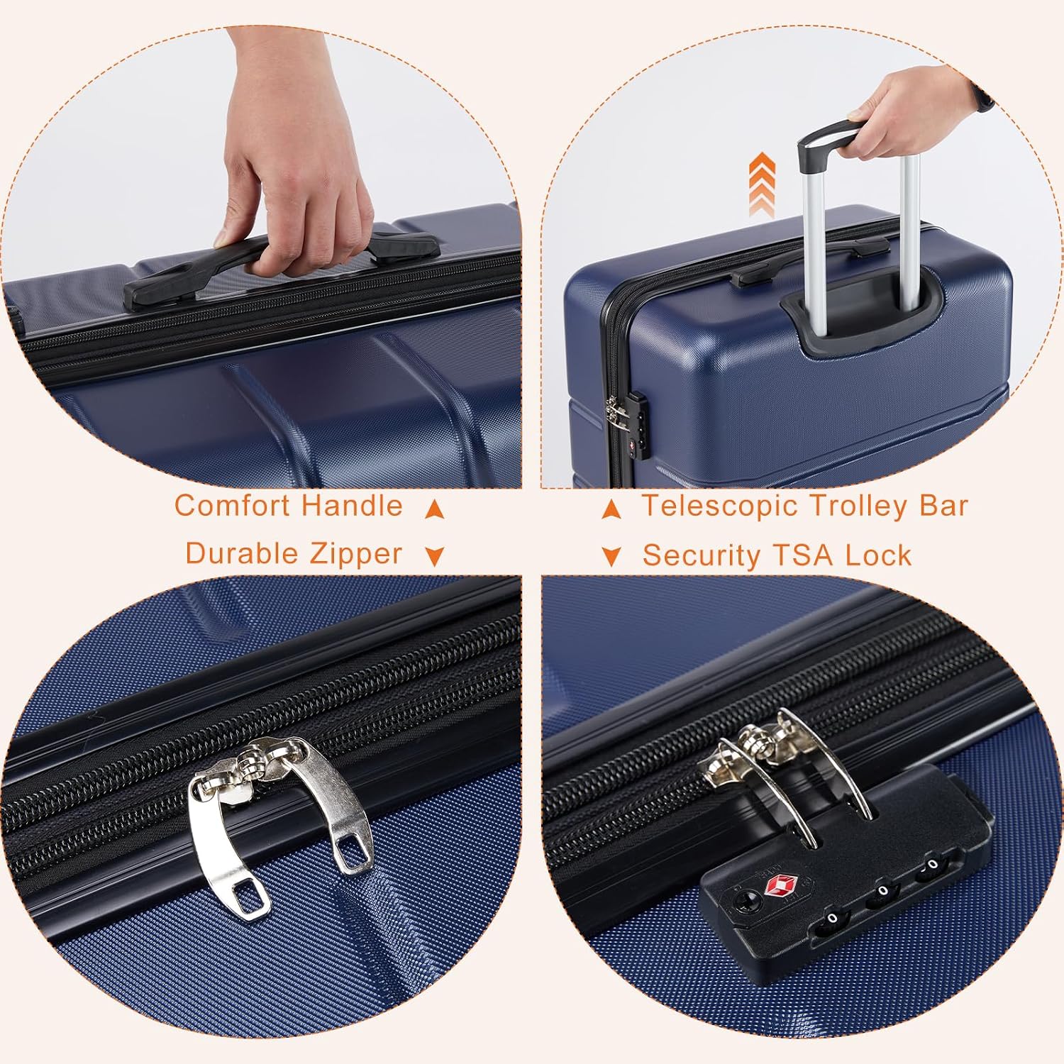 Sweetcrispy 3 Piece Luggage Set, ABS Hard Shell Carry On Suitcase with Smooth Spinner Wheels and TSA Lock, Lightweight Rolling Travel Luggage 20/24/28 Inch for Travel Business Vacation, Navy Blue