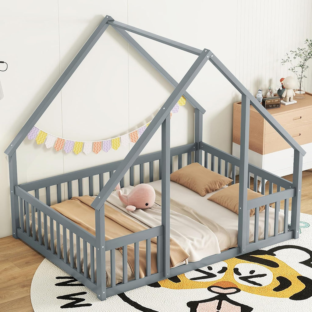 JIVOIT House Bed Full Size Floor Bed, Full Wood House-Shaped Floor Bed with Fence and Guardrails, Wood House Roof Frame, Montessori Floor Bed Frame (Grey-Full,129)