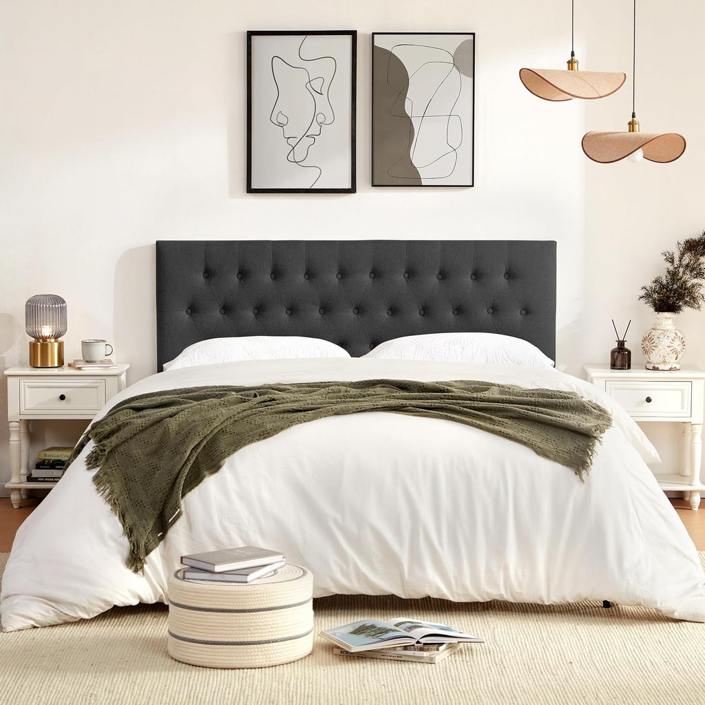 Huatean Home Tufted Upholstered Headboard Full Size, Solid Wood Head Board with Durable Metal Legs, Adjustable Height Full XL headboard from 37' to 51' Fabric Headboard in Modern Button Design, Black