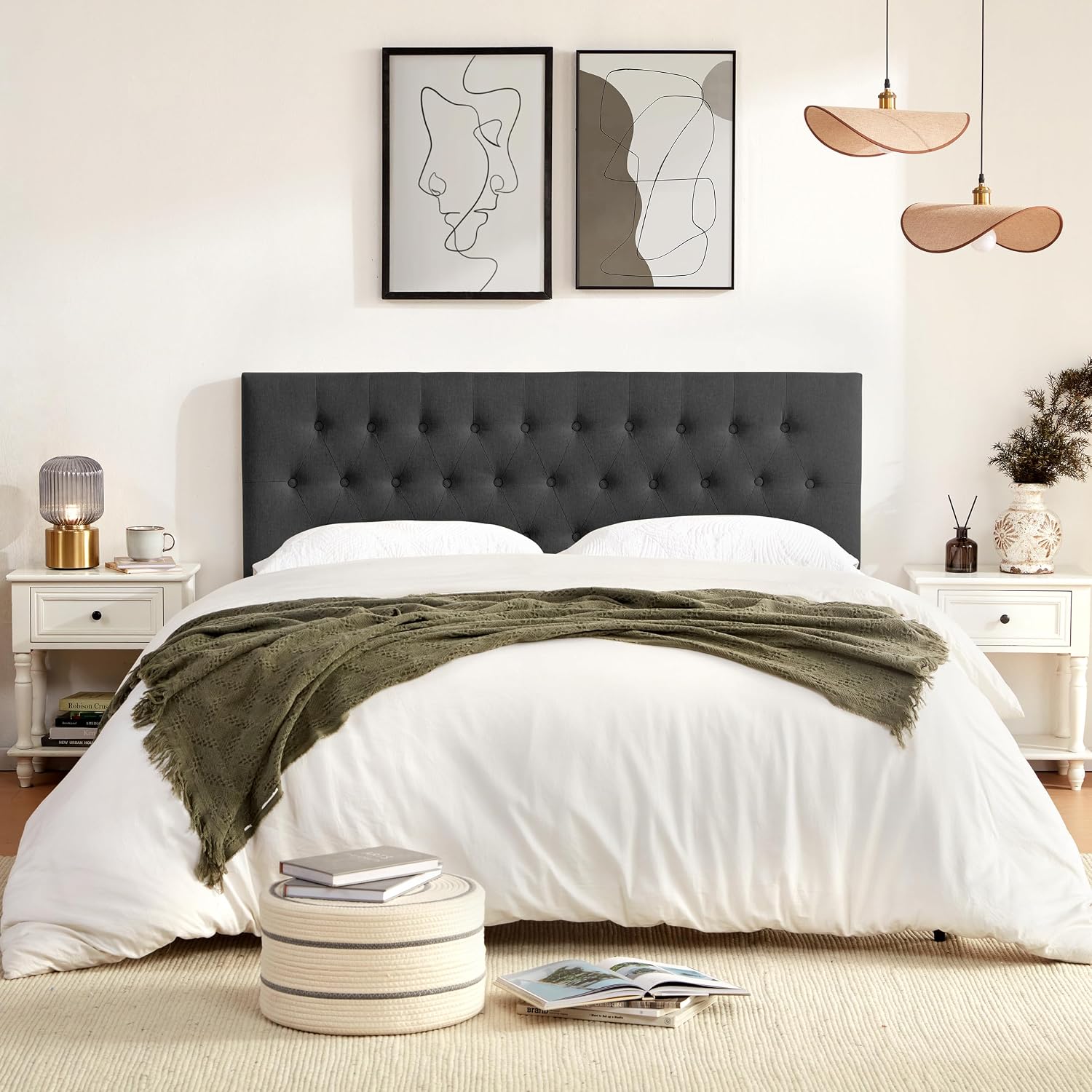 Huatean Home Tufted Upholstered Headboard Full Size, Solid Wood Head Board with Durable Metal Legs, Adjustable Height Full XL headboard from 37' to 51' Fabric Headboard in Modern Button Design, Black