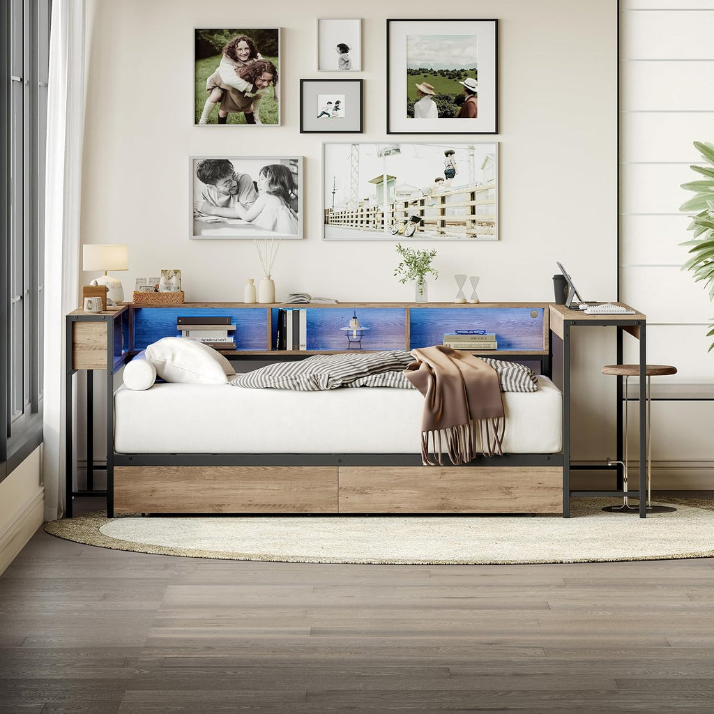 TTK Twin Size Corner Bed Frame with LED Lights, Bookcase Headboard, 2 Storage Drawers, Charging Station & Hutch Desk – Modern Metal Daybed for Bedroom, Guest Room or Living Room, Brown (Twin)