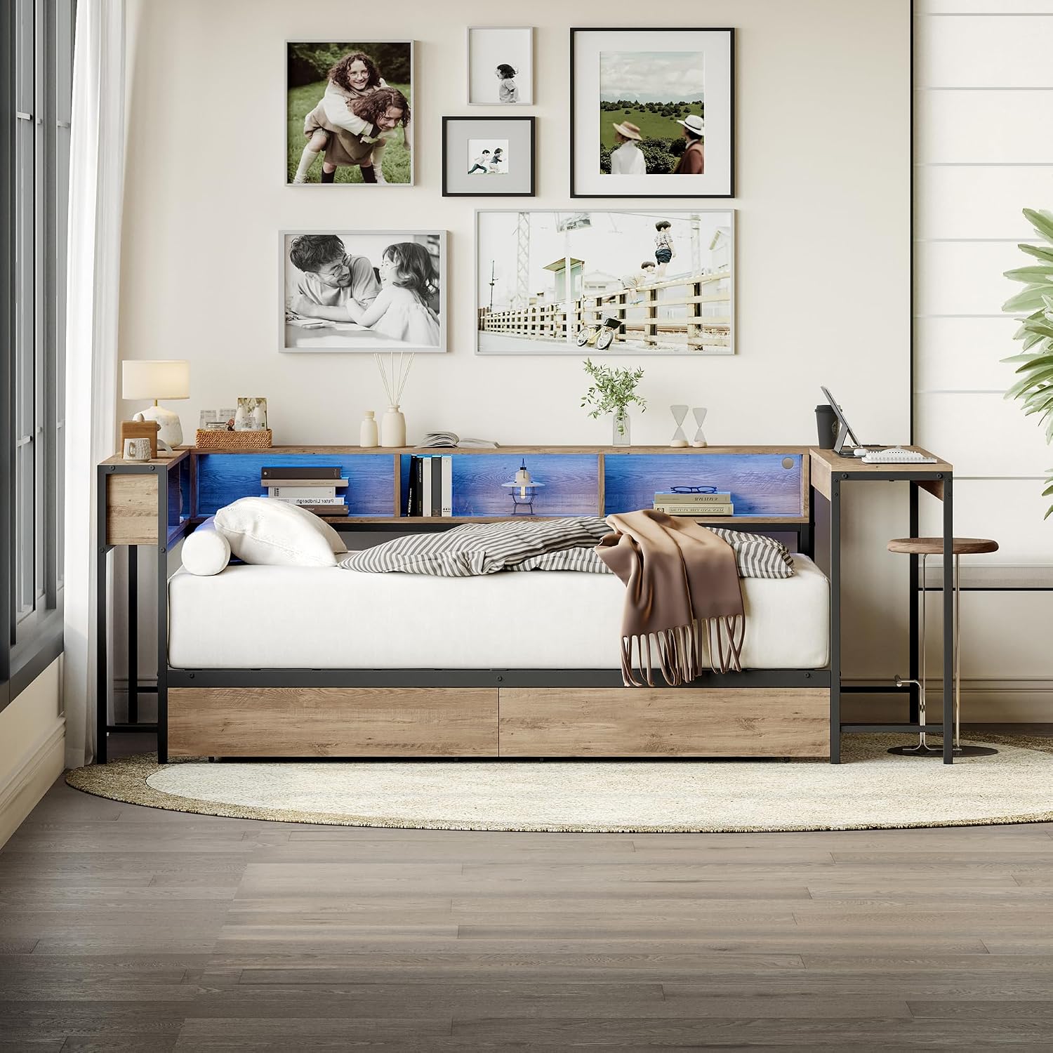 TTK Twin Size Corner Bed Frame with LED Lights, Bookcase Headboard, 2 Storage Drawers, Charging Station & Hutch Desk – Modern Metal Daybed for Bedroom, Guest Room or Living Room, Brown (Twin)