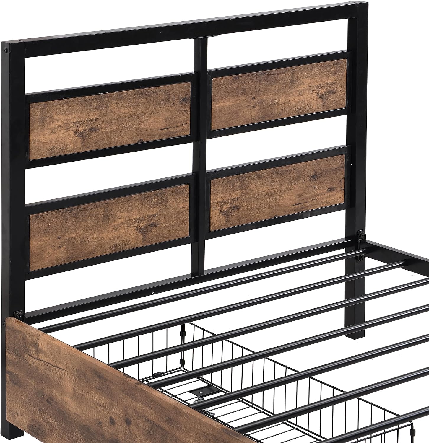 Twin Size Platform Bed with Two Storage Drawers and Rotatable TV Stand, Metal Bed Frame with MDF Headboard and Footboard, 14 Heavy-Duty Metal Sats, No Box Spring Needed (Black,Rotatable TV Stand)