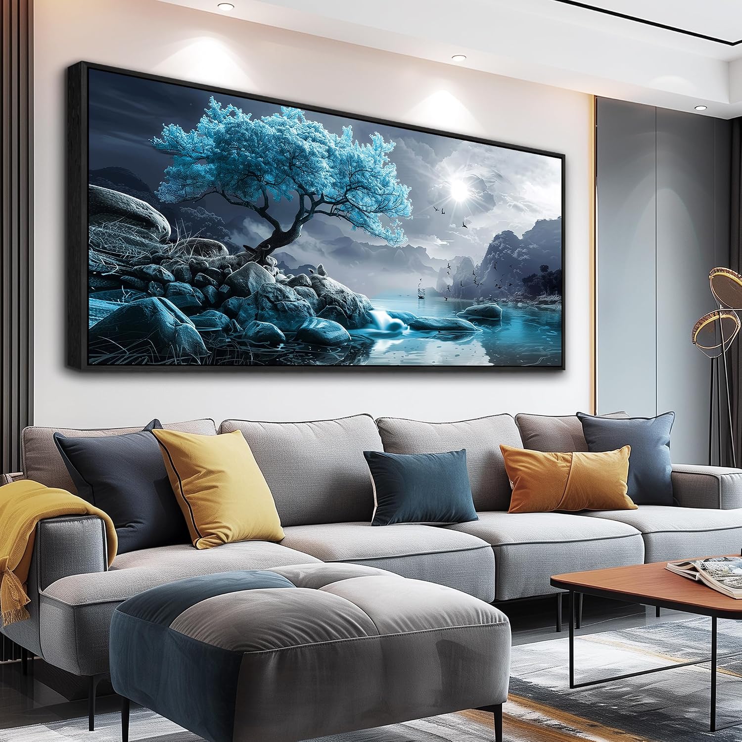 KELIYUAN Large Canvas Wall Decor Bedroom Blue Tree Landscape Wall Paintings Wall Art For Living Room Black And White Pictures Office Mural Framed Prints Artwork Modern Home Decor Aesthetics 32'X72'