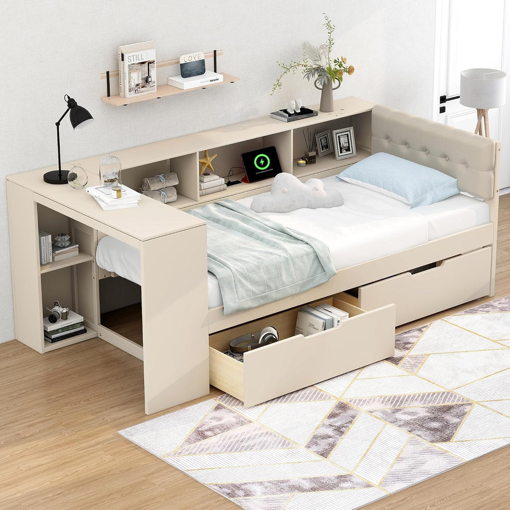 Twin Size Platform Bed with Storage Shelves and Study Desk, Wood Daybed Frame with Upholstered Headboard and 2 Drawers for Office/Living Room/Bedroom, Maximize Space