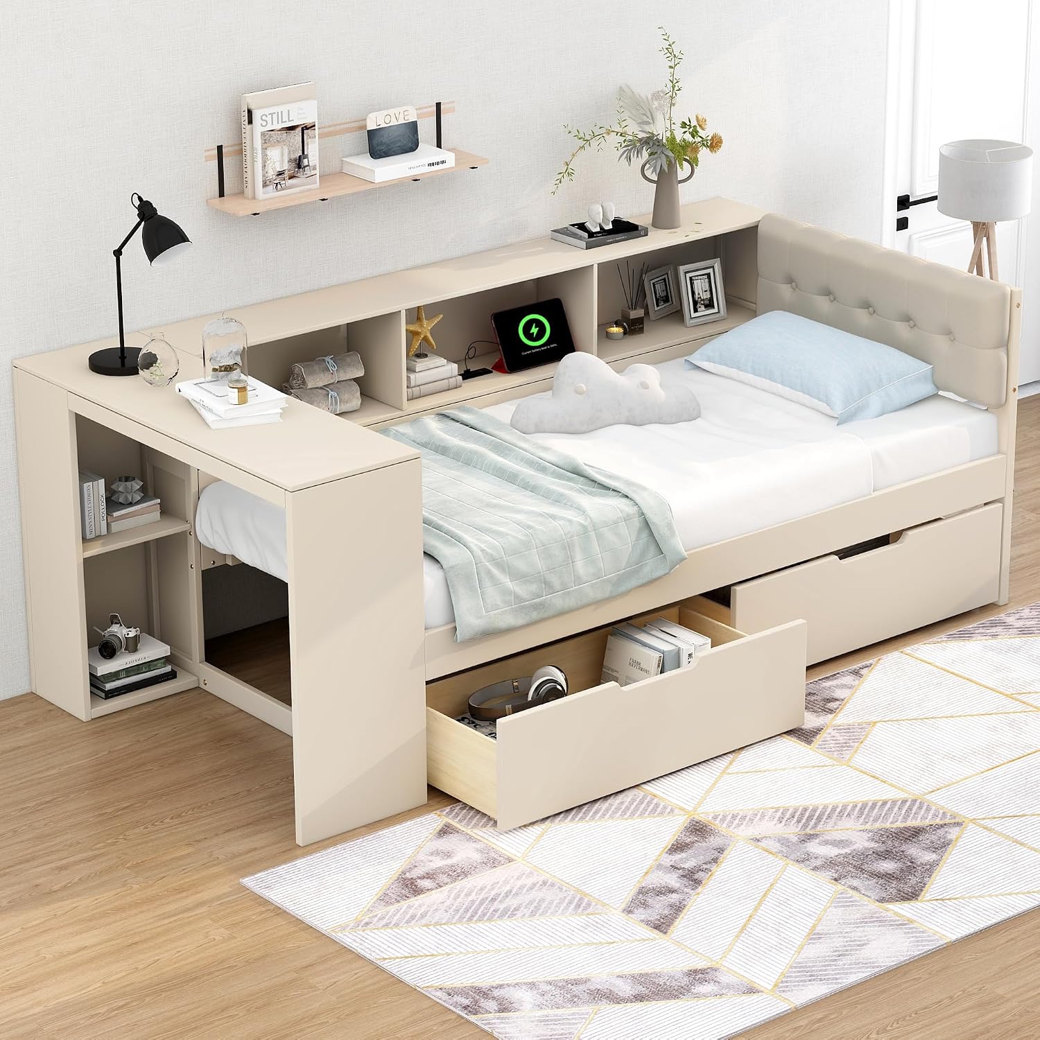 Twin Size Platform Bed with Storage Shelves and Study Desk, Wood Daybed Frame with Upholstered Headboard and 2 Drawers for Office/Living Room/Bedroom, Maximize Space