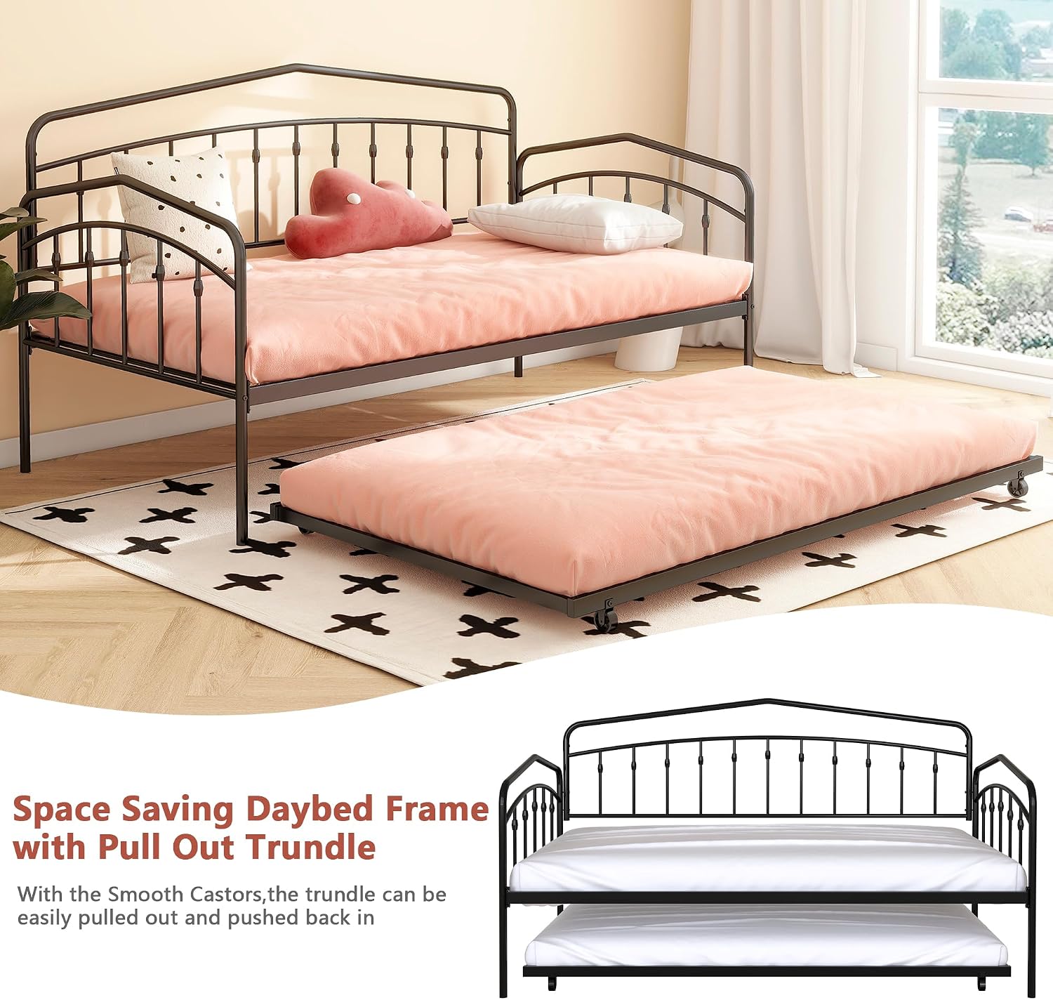 mikibama Twin Daybed with Trundle,Victorian Metal Daybeds with Pull Out Trundle,Vintage Guest Day Bed Frame Twin Size for Living Room,Bedroom,Apartment (Victorian Black with Trundle)