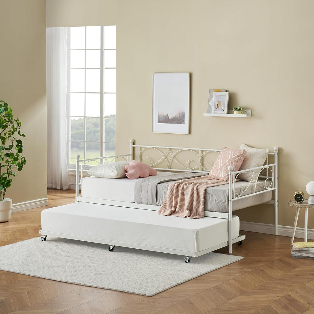 Heavy Duty Twin Daybed with Trundle, Metal Sofa Bed Frame with Floral Headboard & Slats, No Box Spring Needed, Multifunctional Platform Bed for Guest Room, Bedroom,White