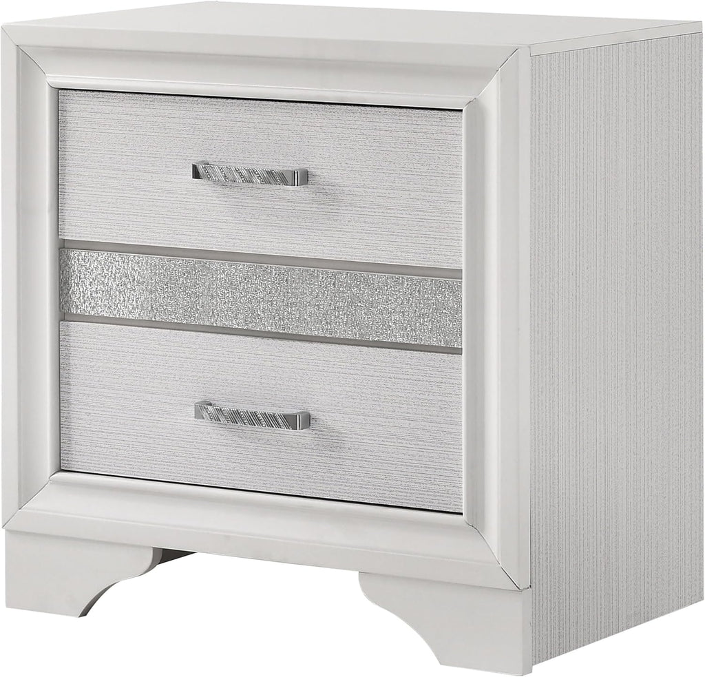 Coaster Home Furnishings Miranda 2-Drawer Bedroom Nightstand Modern Glam Wood Bedside Table Decorative Crystal Acrylic Trim Chrome Handles White 205112