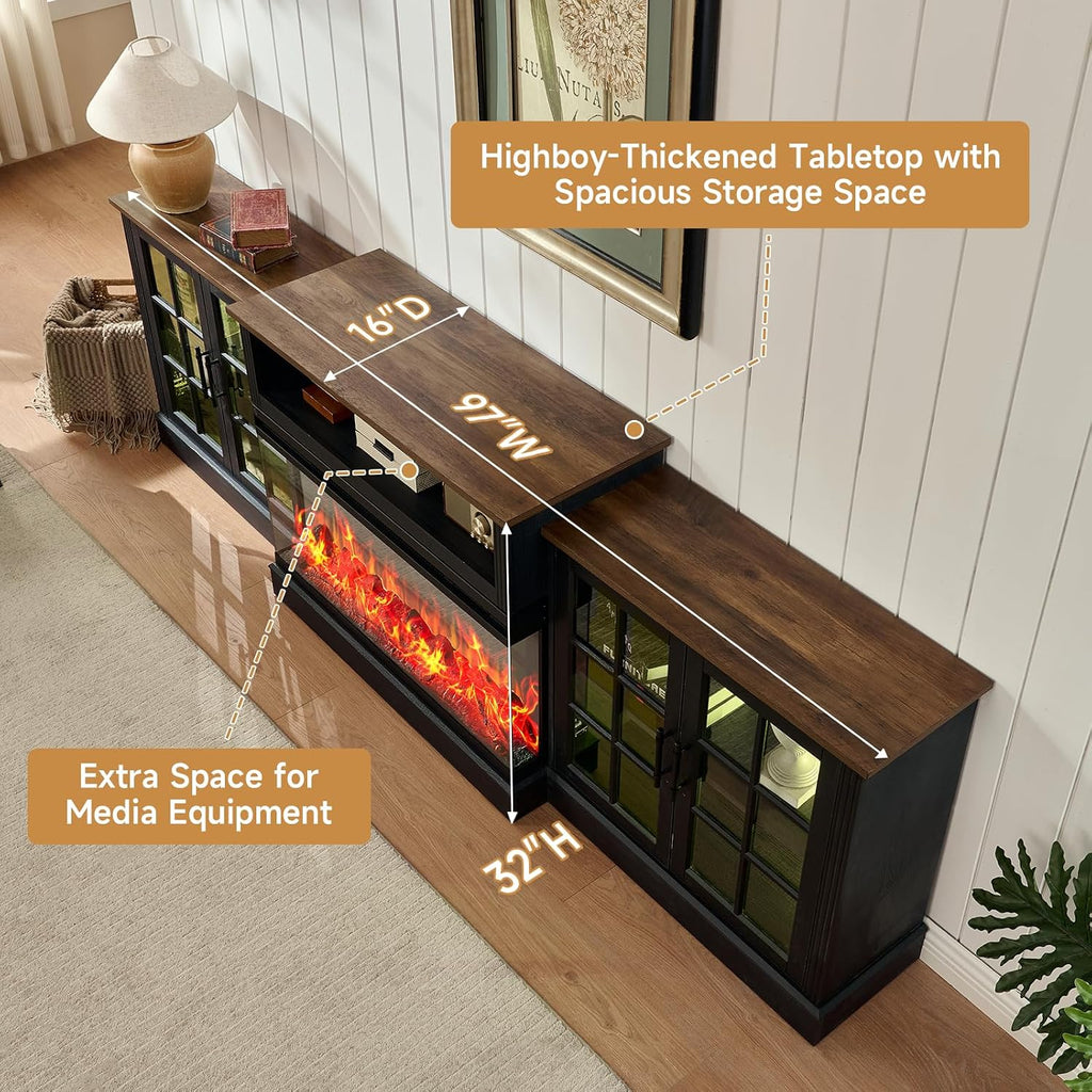 ROCKPOINT 97' Classical Farmhouse Fireplace TV Stand with 3 Sided Glass 36' Electric Fireplace Heater for TVs up to 100',Media Entertainment Center with Adjustable Shelves and Storage Cabinets,Black