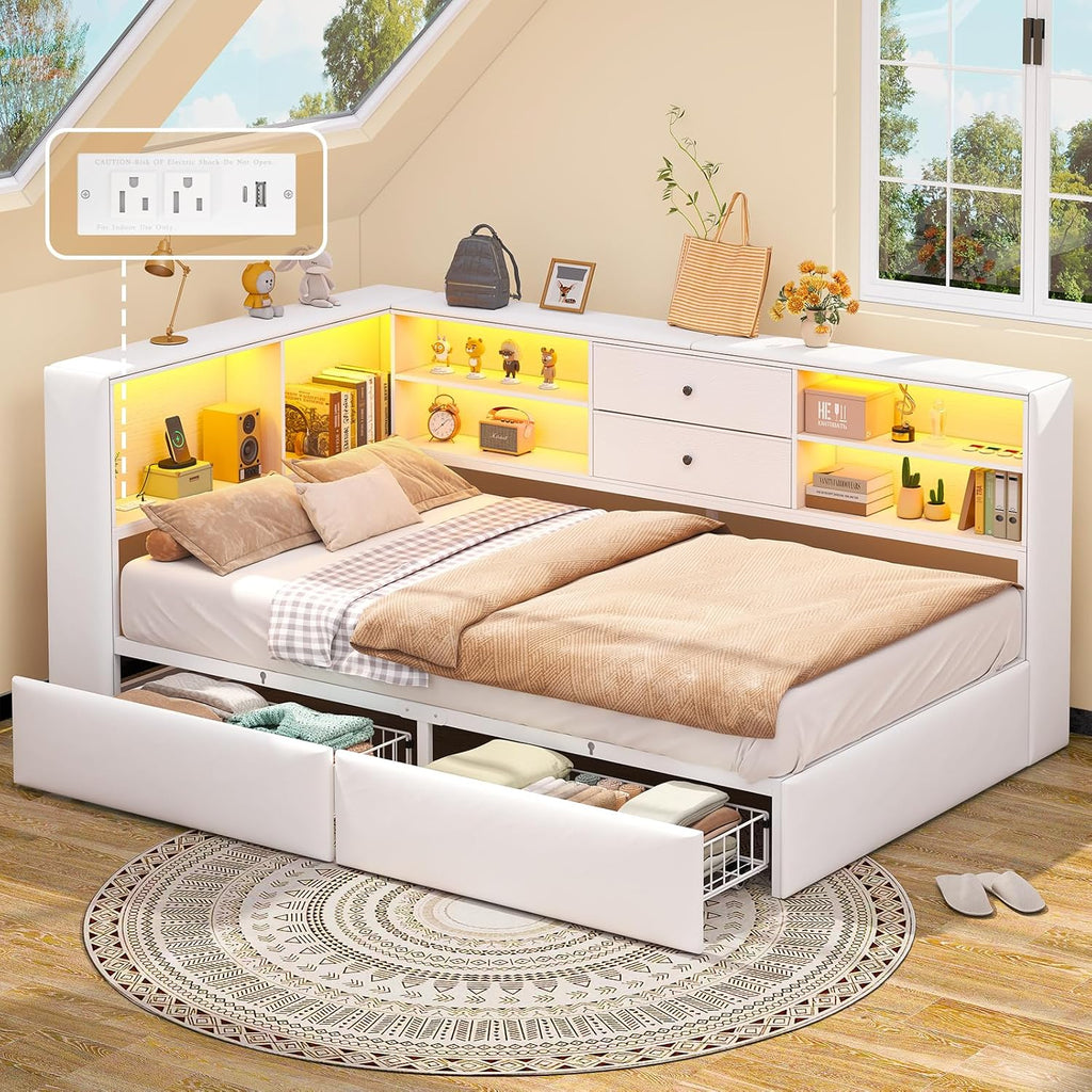 Twin Corner Bed Frame with Storage Bookcase and 4 Drawers, Upholstered Daybed Twin Size with Charging Station & LED Lights, White L-Shape Twin Size Bed Frames Metal Platform Bed for Kids Teenagers