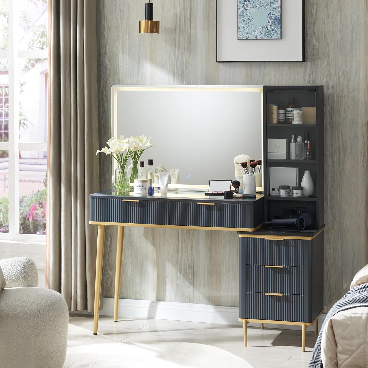 T4TREAM Fluted Makeup Vanity Desk with 36' HD Lighted Mirror, 48' Big Modern Vanity Desk with Mirror and Lights, Dressing Table with 5 Drawers & Shelves, Glass Top for Bedroom, Dark Grey