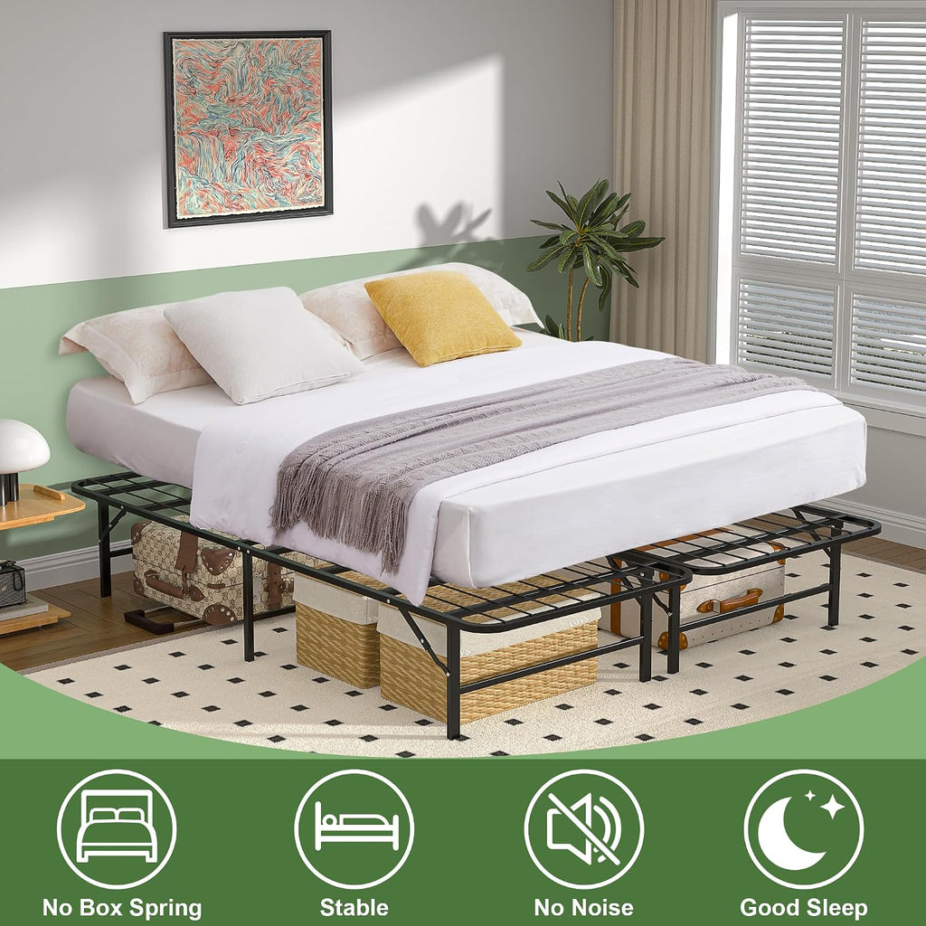 VECELO 14 Inch Metal Bed Frame, Foldable & No Tools Assembly, Heavy Duty Platform with Under Bed Storage, 880 lbs Weight Capacity, Ideal for Small Spaces & Guest Rooms, Queen, Black
