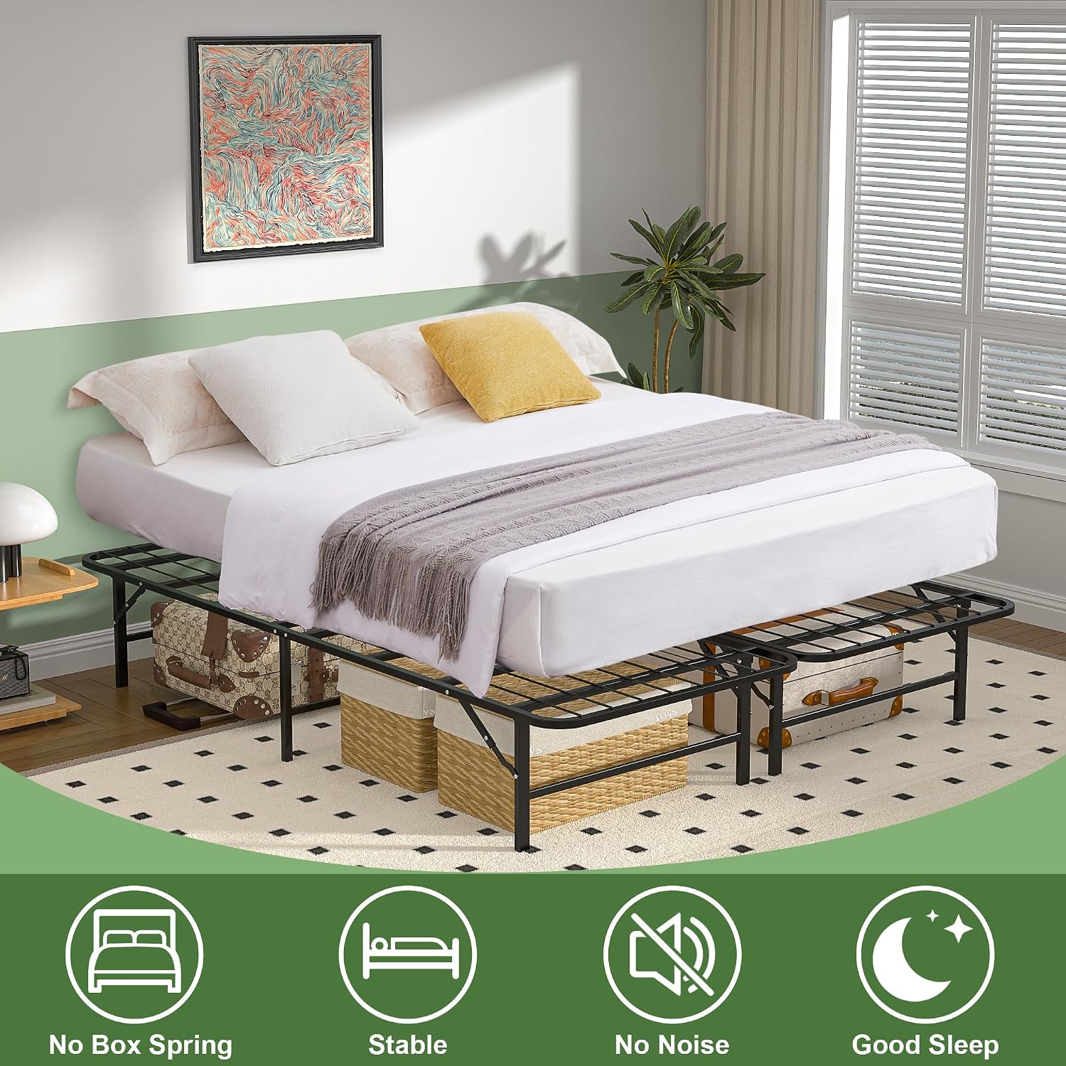 VECELO 14 Inch Metal Bed Frame, Foldable & No Tools Assembly, Heavy Duty Platform with Under Bed Storage, 880 lbs Weight Capacity, Ideal for Small Spaces & Guest Rooms, Queen, Black