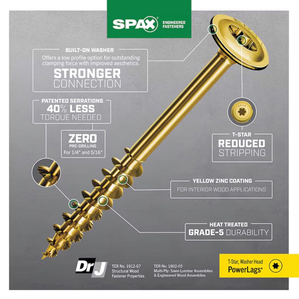 5/16' x 2-3/8' Powerlags Interior Washer Head Structural Wood Lag Screws (500 pcs) T40 T-Star Heavy Duty Framing