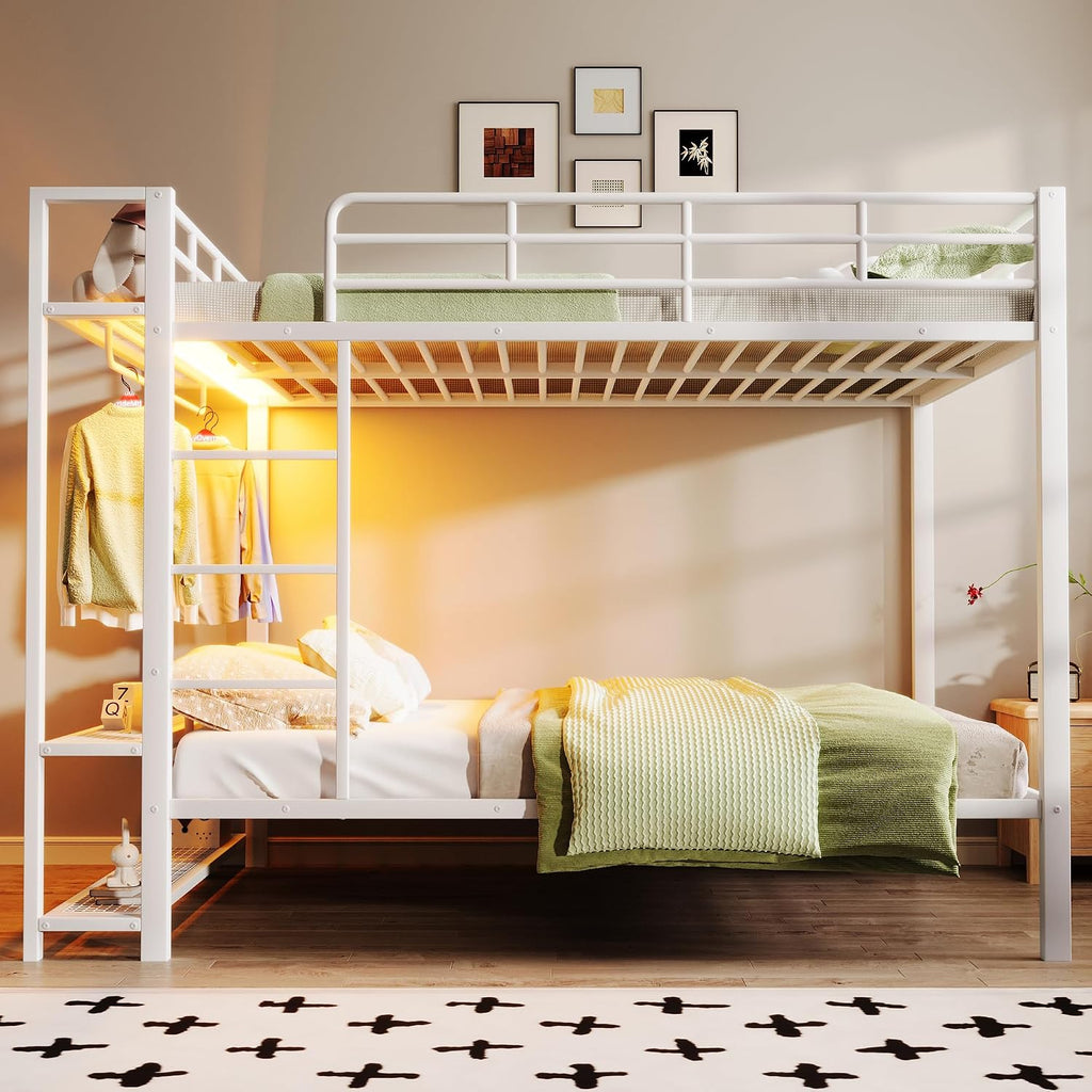 Metal Bunk Bed with Storage Mesh Shelves and Clothes Hooks, Open Storage Shelves, Full Size Bunk Bed with Full-length Reinforced Guardrails for Teens and Adults, No Box Spring Needed (White//96)
