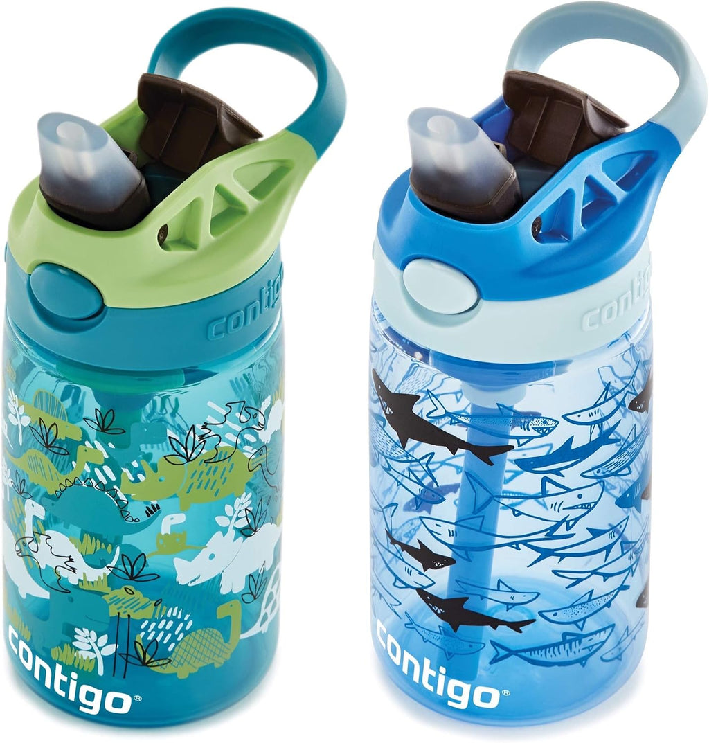 Contigo Aubrey Kids Water Bottle,14oz,Dinos & Sharks,Spill-Proof Lid,Dishwasher Safe,Blue & Green,(Pack of 8)