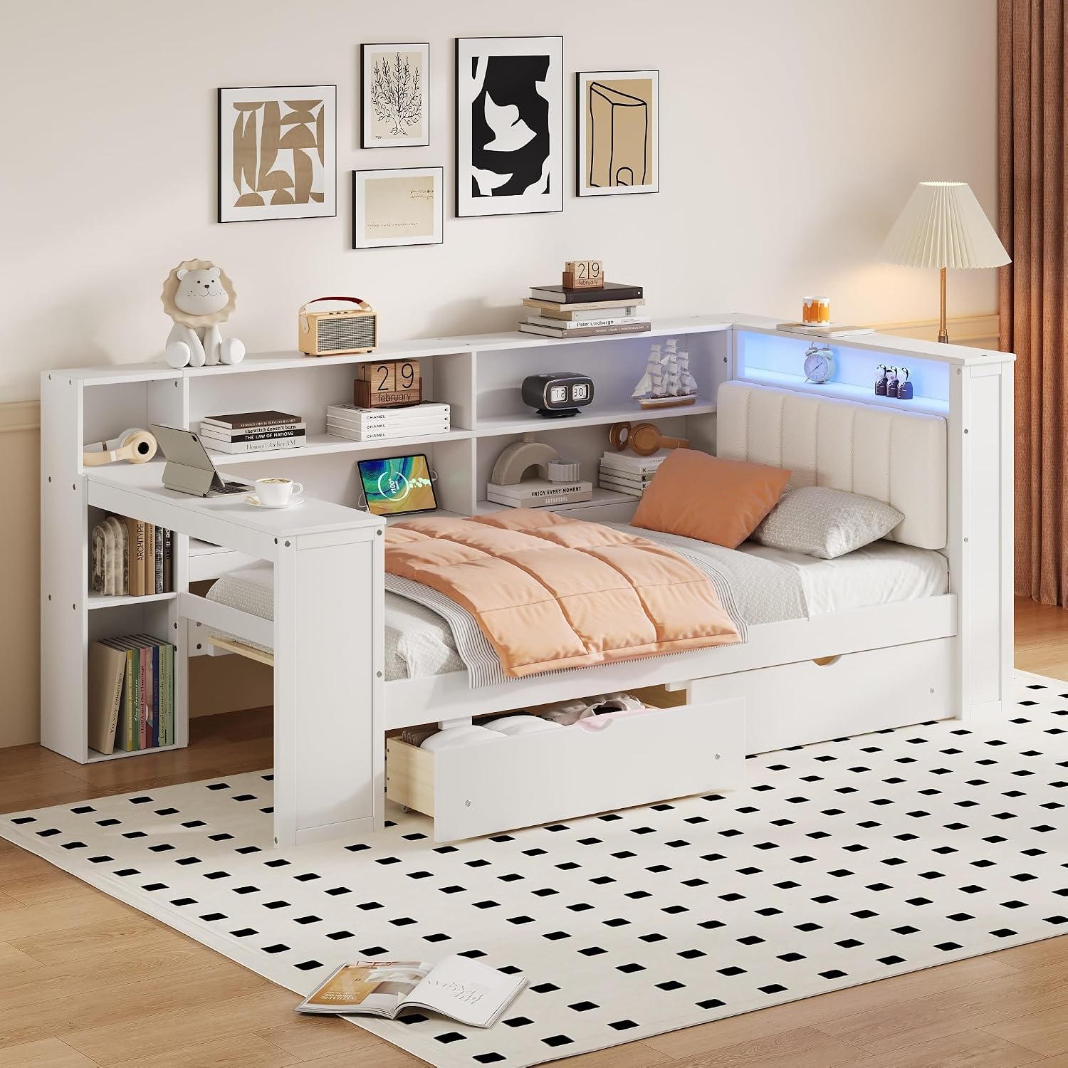Twin Size Platform Bed with Storage Shelves and Drawers, Solid Wood Daybed with Charging Station, LED, Desk and Upholstered Headboard for Living Room Bedroom (White-JU11)