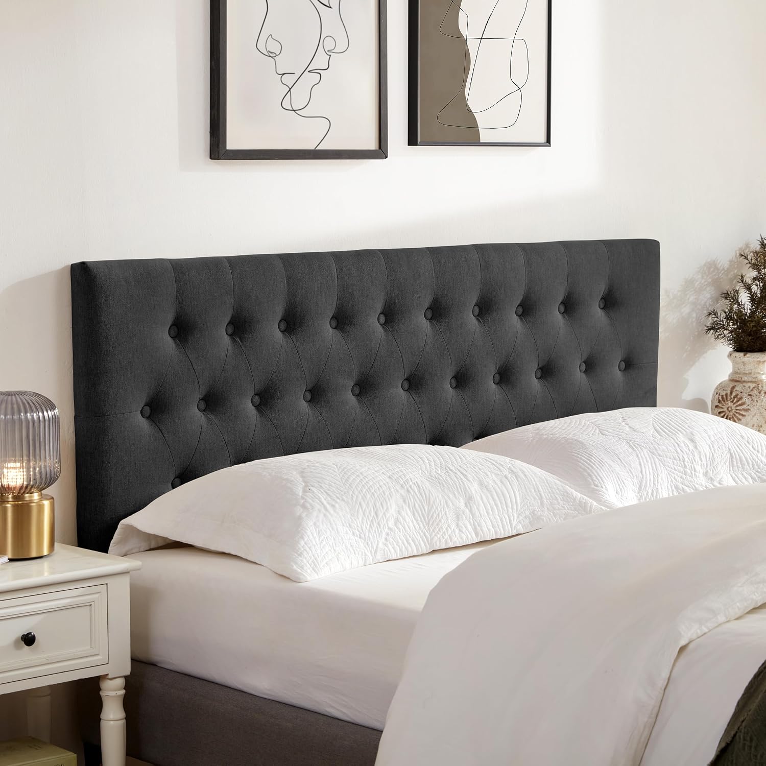 Huatean Home Tufted Upholstered Headboard Full Size, Solid Wood Head Board with Durable Metal Legs, Adjustable Height Full XL headboard from 37' to 51' Fabric Headboard in Modern Button Design, Black
