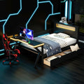 JIVOIT Twin Size Wooden Gaming Platform Bed with Desk, Two Storage Drawers, Headboard, Wood Slats Support, No Spring Box Needed