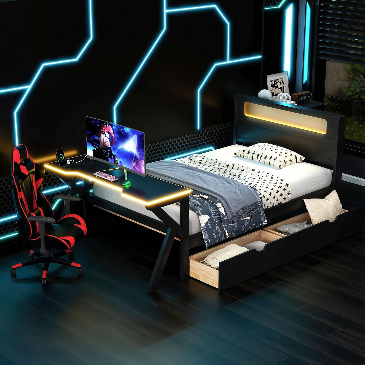 JIVOIT Twin Size Wooden Gaming Platform Bed with Desk, Two Storage Drawers, Headboard, Wood Slats Support, No Spring Box Needed