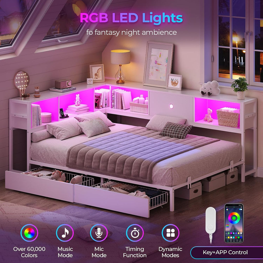 Hasuit Corner Full Bed Frame with Storage Drawers and Bookcase Headboard, Full Size Metal Platform Corner Bed Frame with Charging Station and LED Lights, Full Daybed for Kids Teens Guests, White