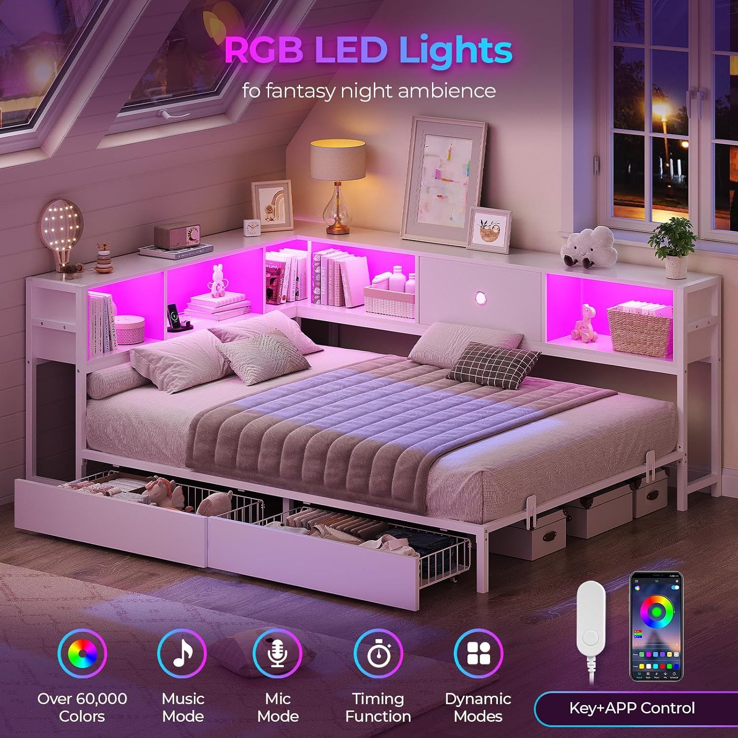 Hasuit Corner Full Bed Frame with Storage Drawers and Bookcase Headboard, Full Size Metal Platform Corner Bed Frame with Charging Station and LED Lights, Full Daybed for Kids Teens Guests, White