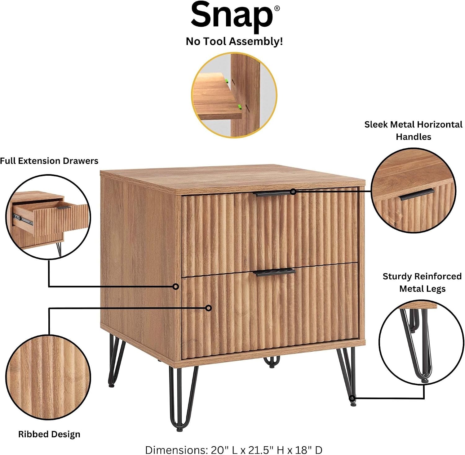 Manhattan Comfort Dumbo Modern 5-Drawer Tall Dresser and Nightstand 2.0 Set - Black Metal Accents - Vertical Ribbed Design - No Tool Assembly Storage for Bedroom & Living Room, Golden Brown