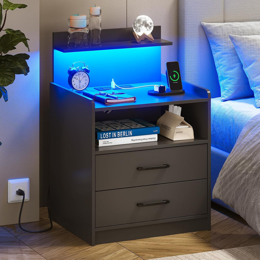 Nightstand Set of 2 with Charging Station and LED Lights, Bedside Table with 2 Drawers and Open Storage Shelf, 2 USB Ports and 2 AC Outlets, LED Night Stands for Bedroom Set of 2, Black