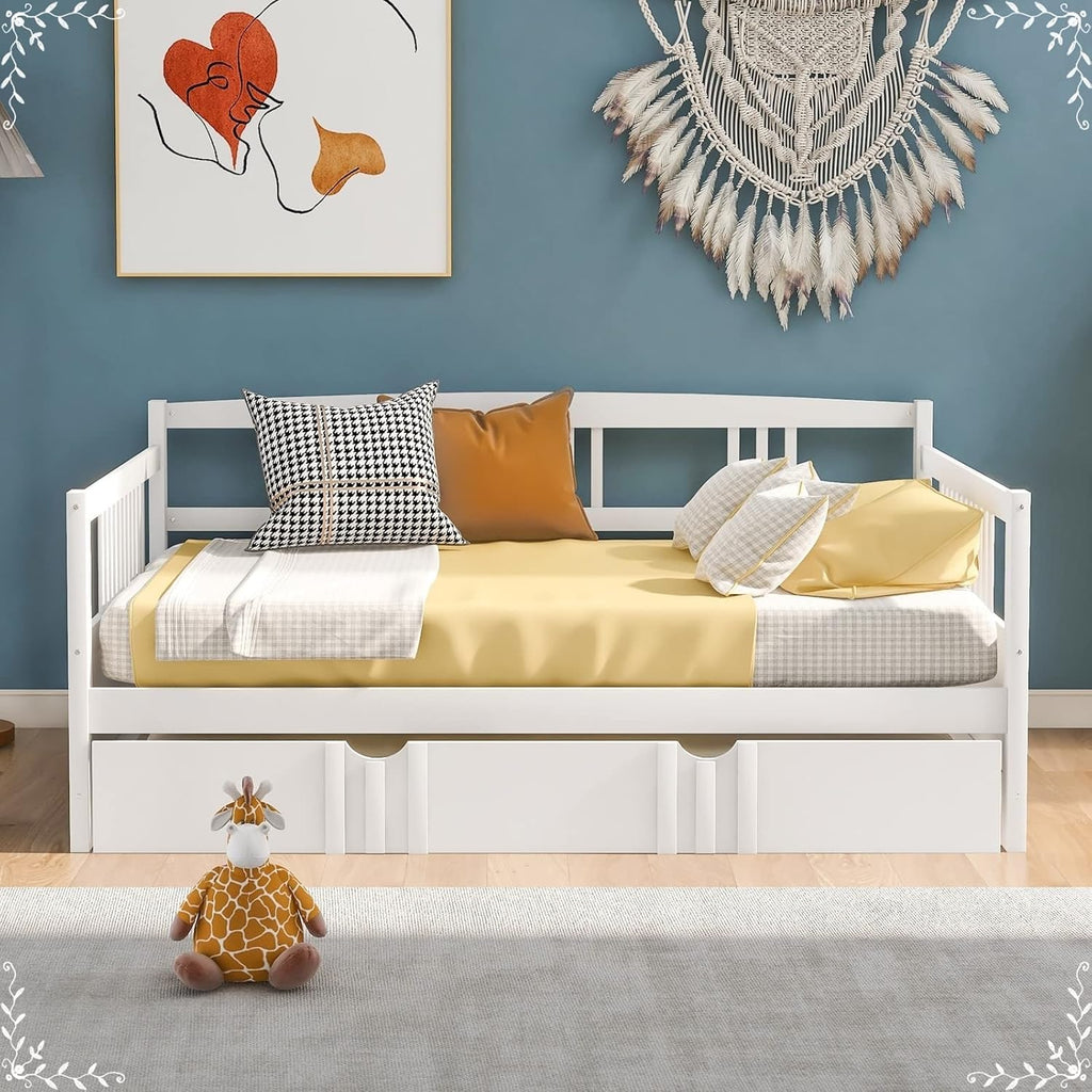 Full Size Trundle Bed, Full Size Bed Frame White Solid Wood Bohemian Sofa Bed with Metal Slats Daybed for Teen Adult Bedroom Living Room