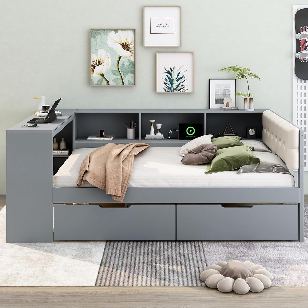Full Size Platform Bed with Storage Shelves and Study Desk, Wood Daybed Frame with Upholstered Headboard and 2 Drawers for Office/Living Room/Bedroom, Maximize Space