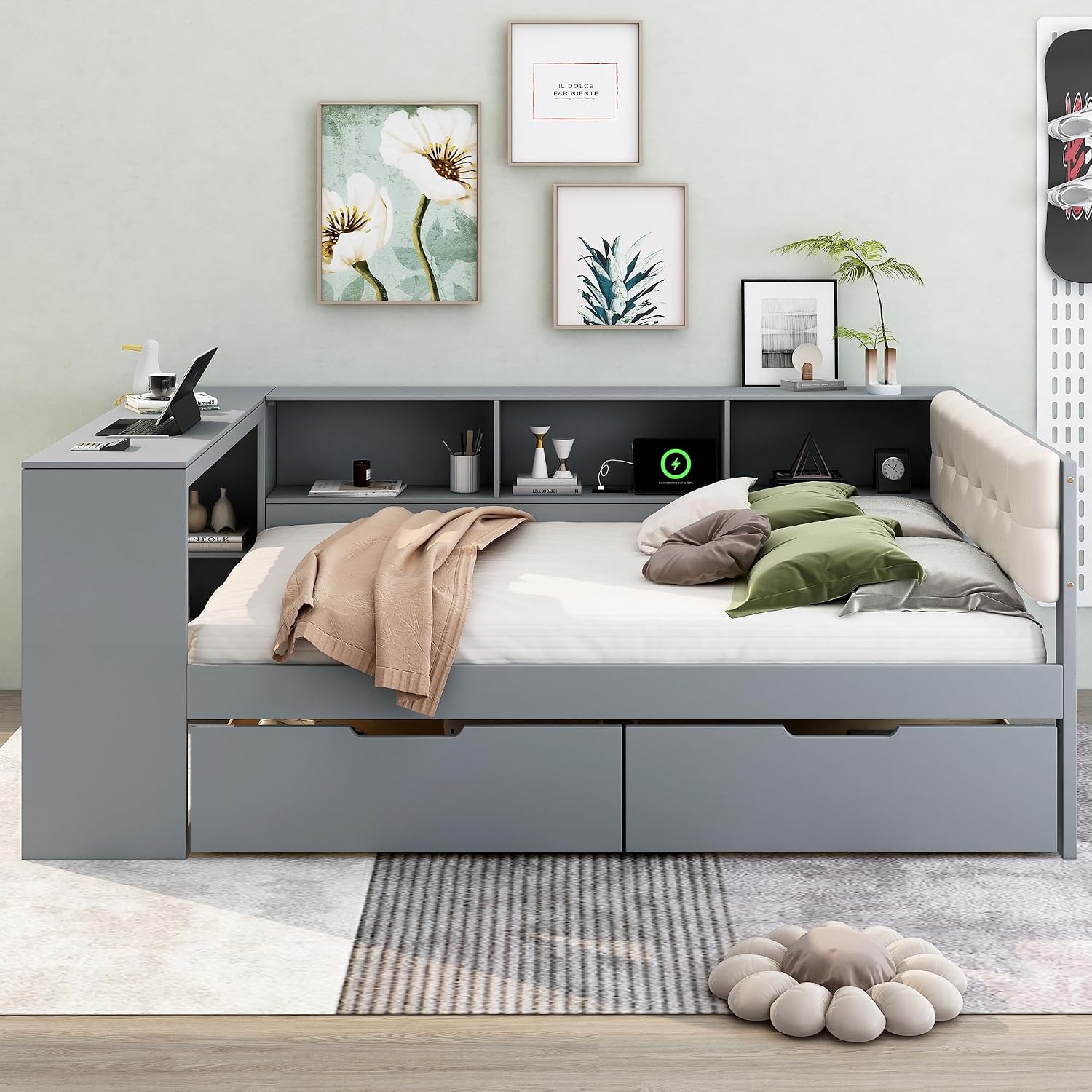 Full Size Platform Bed with Storage Shelves and Study Desk, Wood Daybed Frame with Upholstered Headboard and 2 Drawers for Office/Living Room/Bedroom, Maximize Space