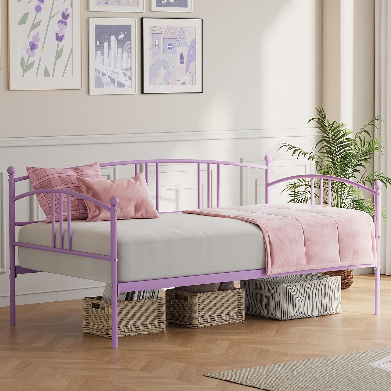 GarveeHome Daybed with Trundle, Sturdy Metal Day Bed with Steel Slat Support, Trundle Bed Twin with Arched Headboard, SofaBed for Living Room, Bedroom and Guest Room, Purple