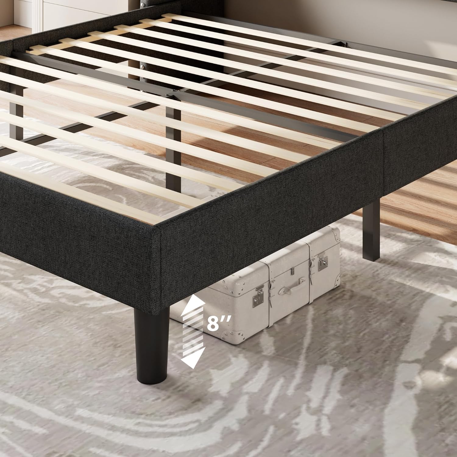 Feonase Full Size Bed Frame with Luxury Wingback and Fast Charging Station,Full Upholstered Button Tufted Storage Headboard Platform Bed,Sturdy Wooden Slats Support,Noise-Free, Easy Assembly,Dark Gray