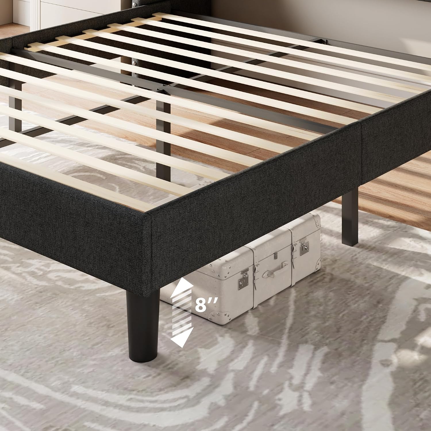 Feonase Queen Bed Frame with Luxury Wingback and Fast Charging Station,Upholstered Button Tufted Storage Headboard Queen Platform Bed,Sturdy Wooden Slats Support,Noise-Free,Easy Assembly,Dark Gray