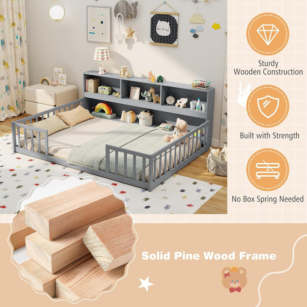 BECOMFORT Full Size Floor Bed for Kids, 2-in-1 Kids Wood Bed Frame with Bedside Bookcase & Safety Guardrails, Montessori Bed for Boys Girls
