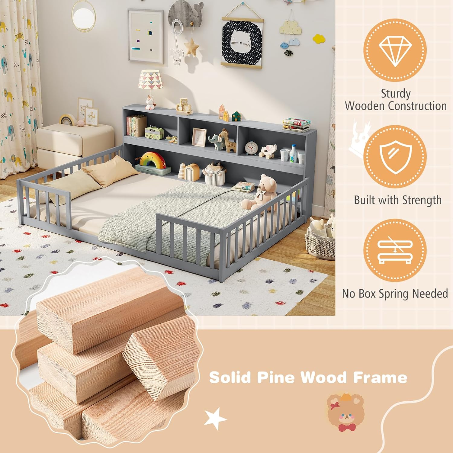 BECOMFORT Full Size Floor Bed for Kids, 2-in-1 Kids Wood Bed Frame with Bedside Bookcase & Safety Guardrails, Montessori Bed for Boys Girls
