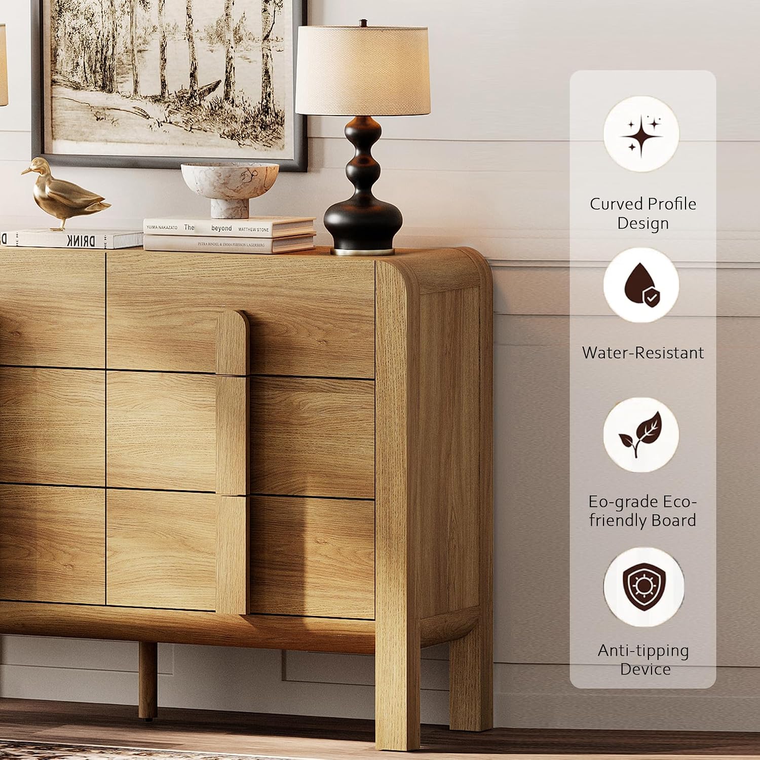 WAMPAT 3 Piece Bedroom Dresser Set, 110.2' Wide 12 Drawers Wood Dresser, Mid-Century Modern Storage Chest with Curved Handles for Bedroom, Living Room (Light Walnut)