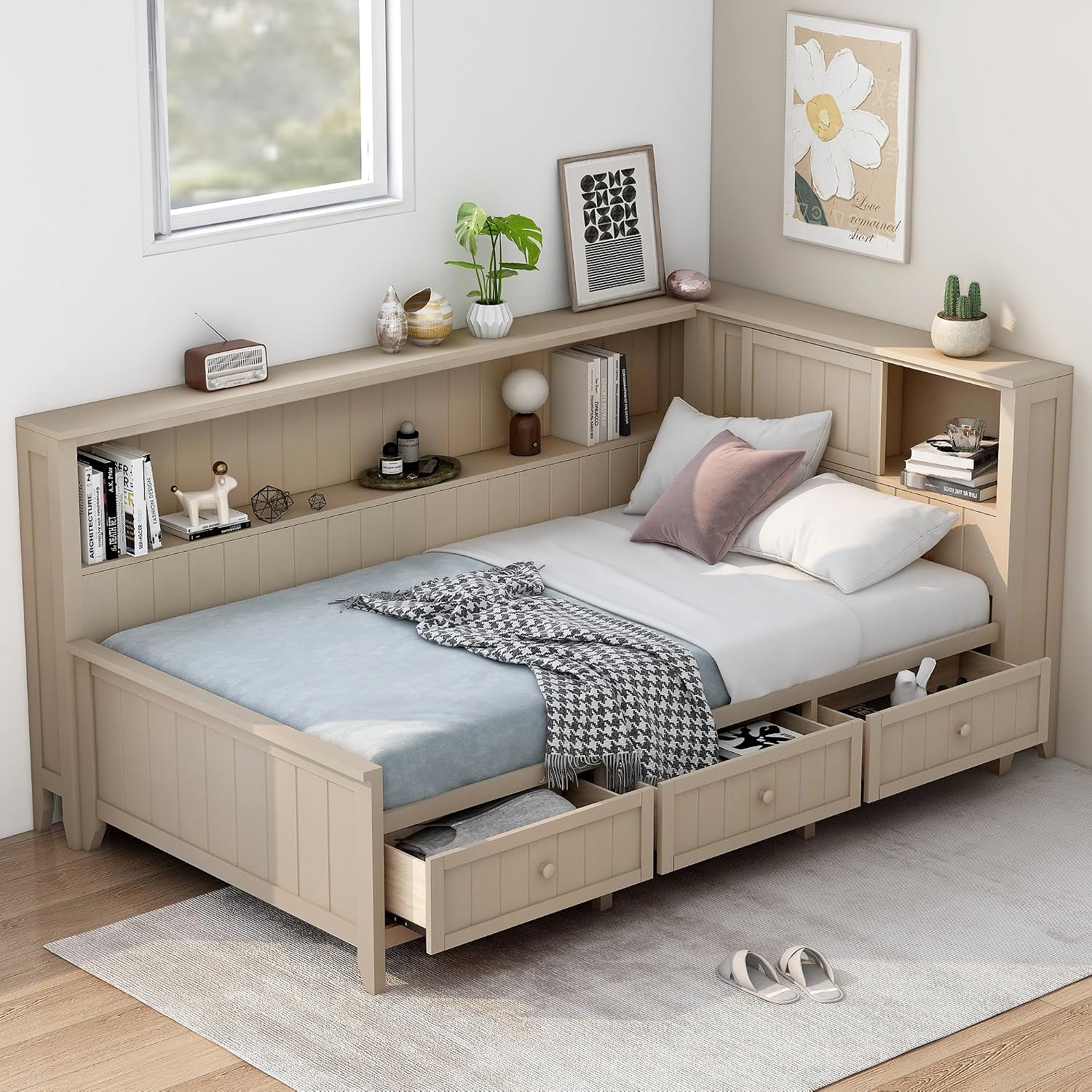 Twin Size Lounge Daybed with Storage Shelves and 3 Drawers, Wooden Sofa Bed Frame with Slat Support for Apartment, Bedroom, Guest Room, No Box Spring Required