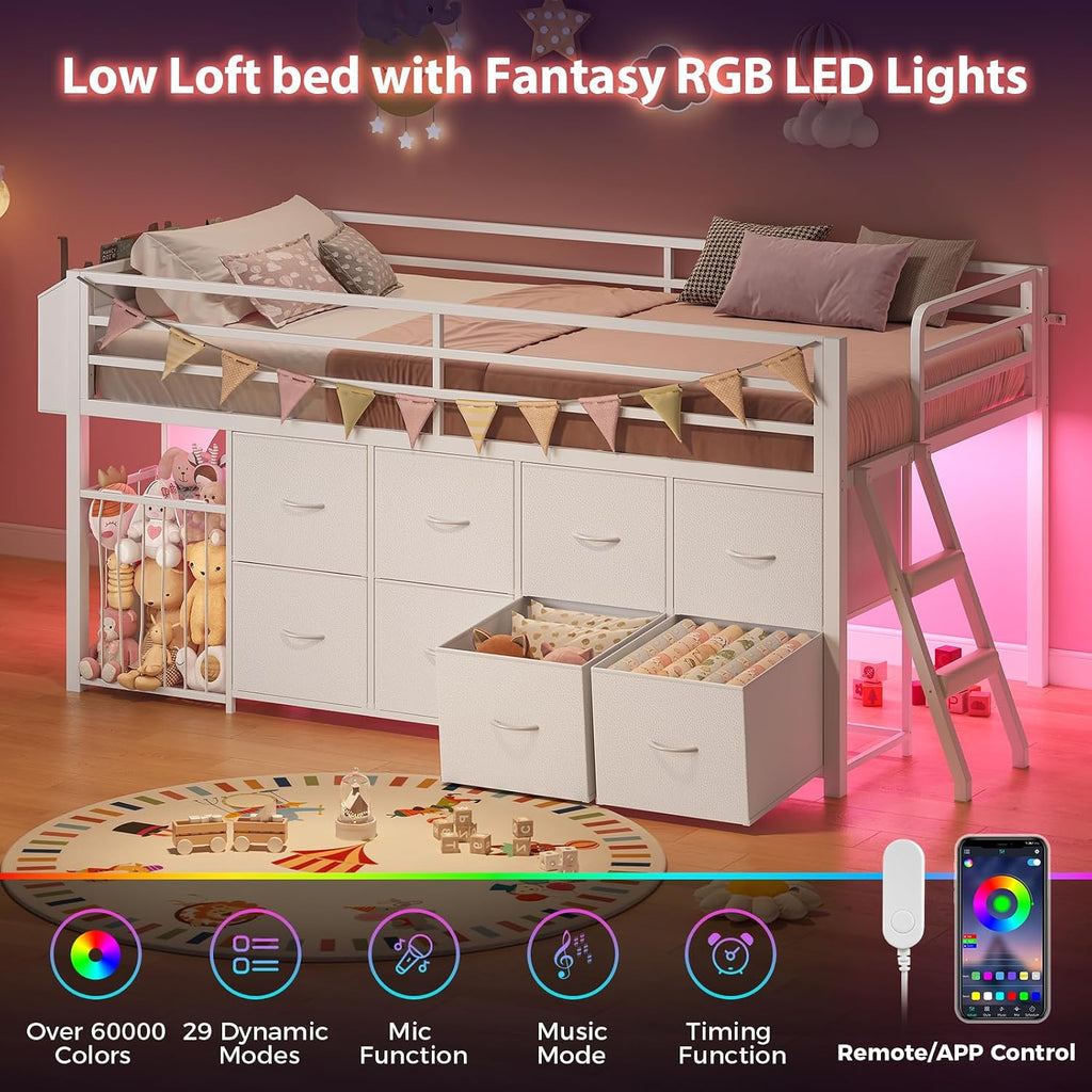 UPOSOJA Twin Size Low Loft Bed with RGB Lights & Play Zone, 8 XL Drawers, Kids Play Loft with 2-Step Ladder & Anti-Tip Kit (White)