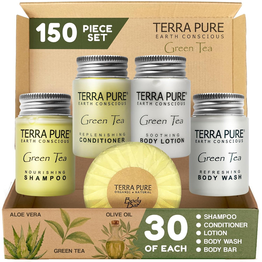 Terra Pure Hotel Soaps & Toiletries Bulk Set | 1-Shoppe Amenities Kit | 1oz Shampoo & Conditioner, Body Wash, Lotion, 1.25oz Bar Soap | Travel Size | 150 Pieces