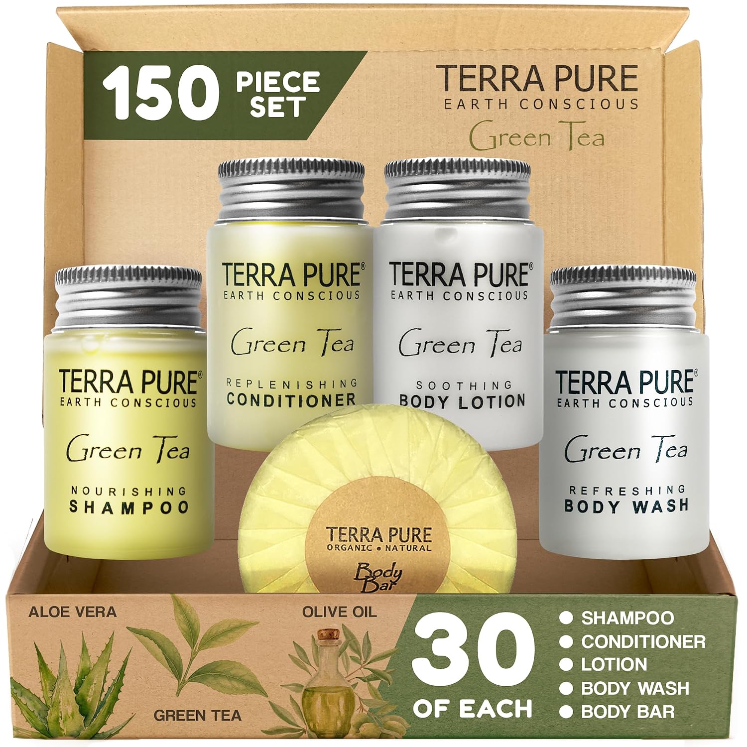 Terra Pure Hotel Soaps & Toiletries Bulk Set | 1-Shoppe Amenities Kit | 1oz Shampoo & Conditioner, Body Wash, Lotion, 1.25oz Bar Soap | Travel Size | 150 Pieces